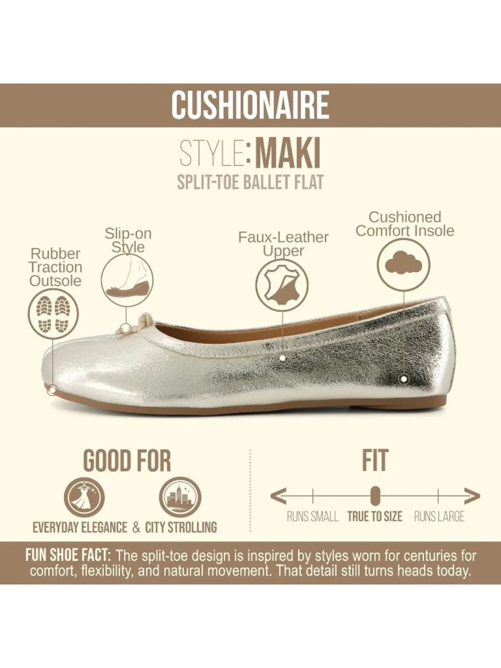 Women's Gold Faux Leather Split Toe Ballet Flats with Flexible Sole Soft Shoes